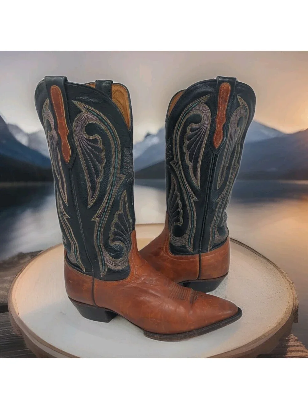 Larry Mahan El Paso Leather Cowboy Western Boot Men 7 Women 8 Two Tone Black Tan